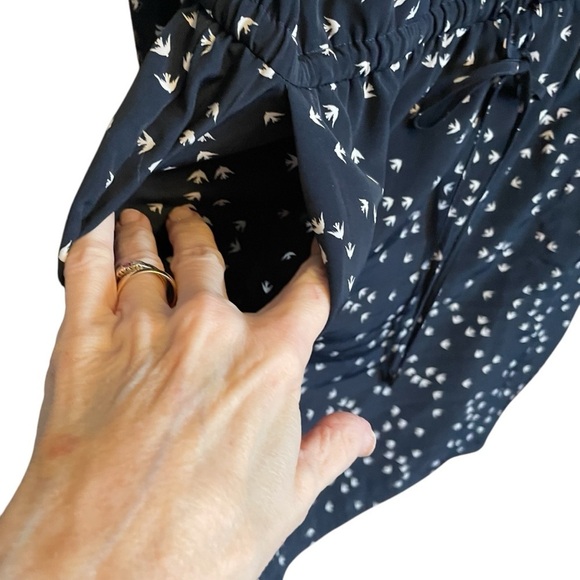 Banana Republic Bird Print Navy Dress-Size 10-Drawstring-Long Sleeves-Pullover - Picture 8 of 11